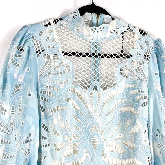 Karen Millen Paisley Lace Cutwork Dress Blue Mini Long Sleeve Sz 10 US - Picture 6 of 15